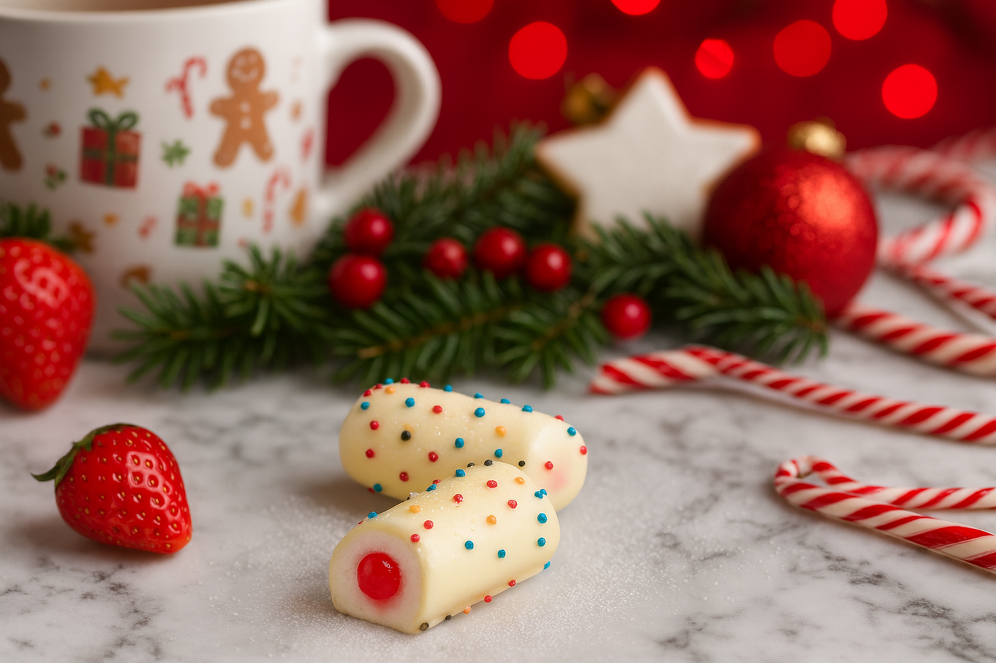 Guimauve fourrée à la fraise enrobé de chocolat blanc